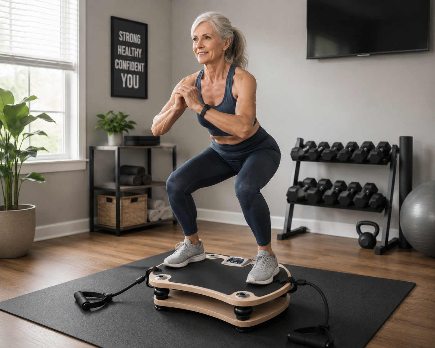Becky Chambers using a Vibrant Health vibration plate