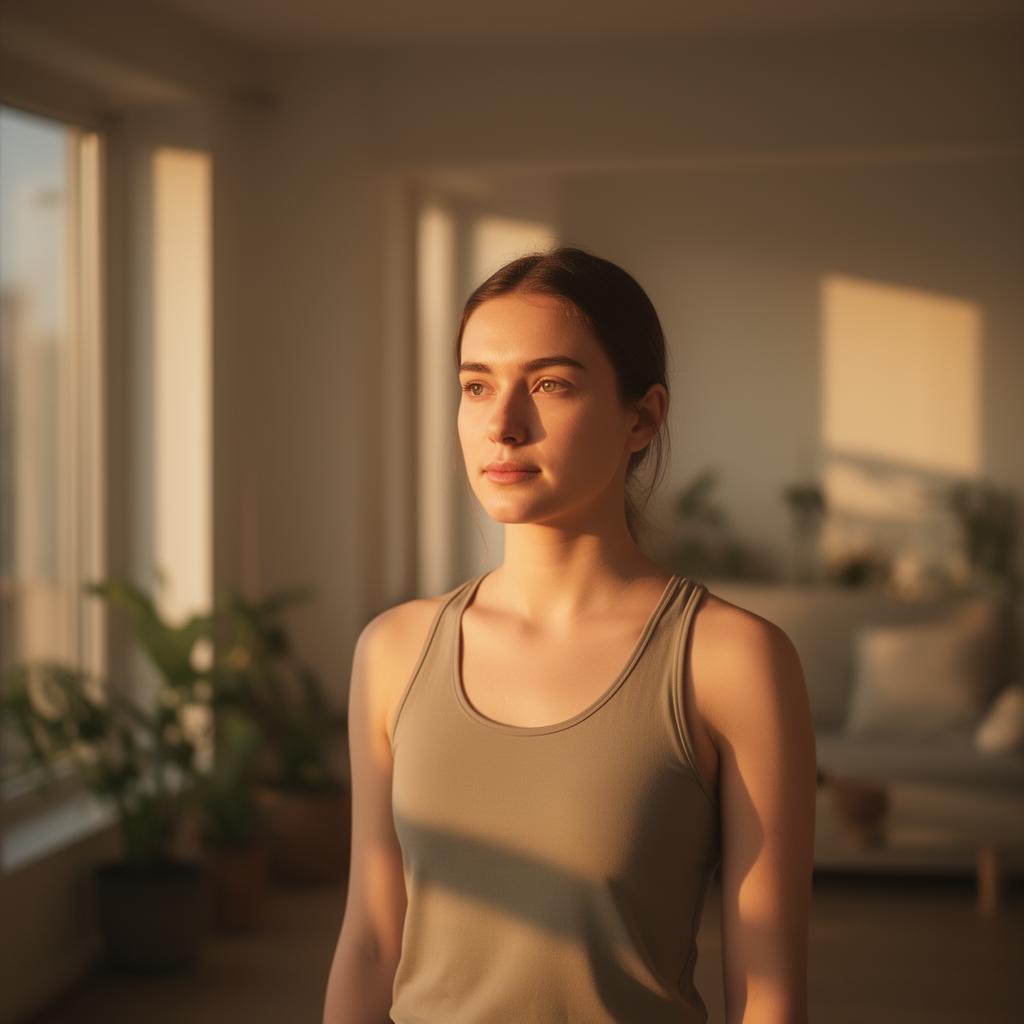 Younger woman seen from far away with warm light shining gently on her face