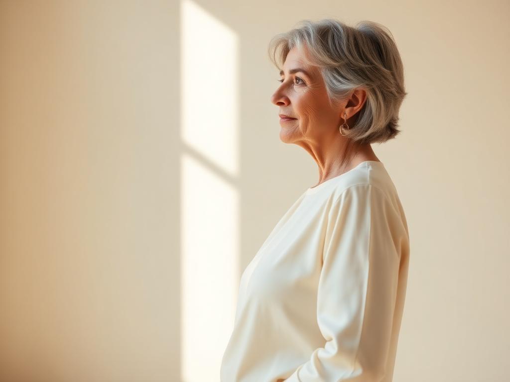 Profile of an elegant older woman standing tall with good posture