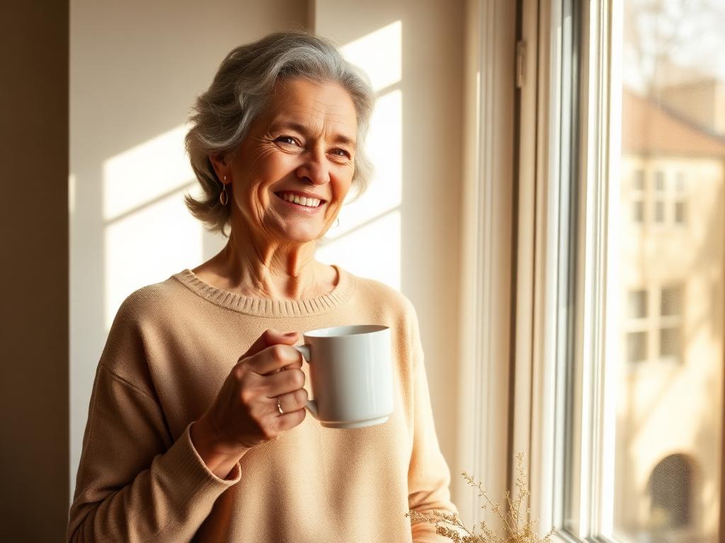 Smiling older woman by a sunlit window holding a mug of tea