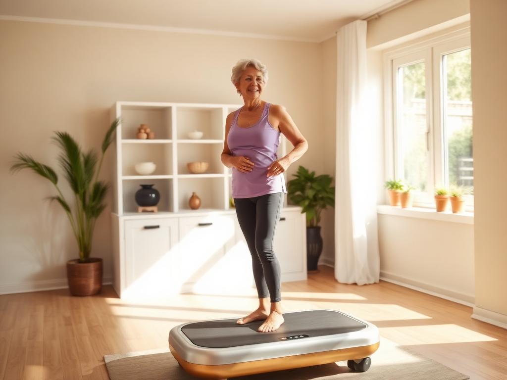 Senior woman using a vibration plate at home with gentle vibration energy