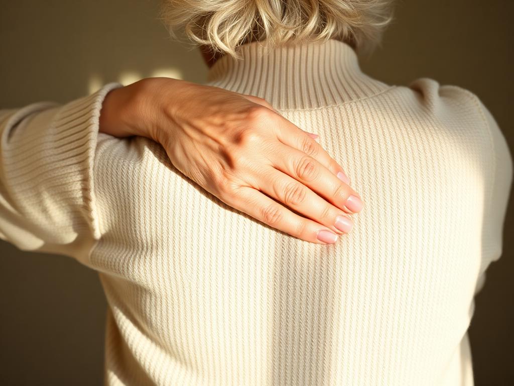 Older woman's hand resting on her lower back in warm light