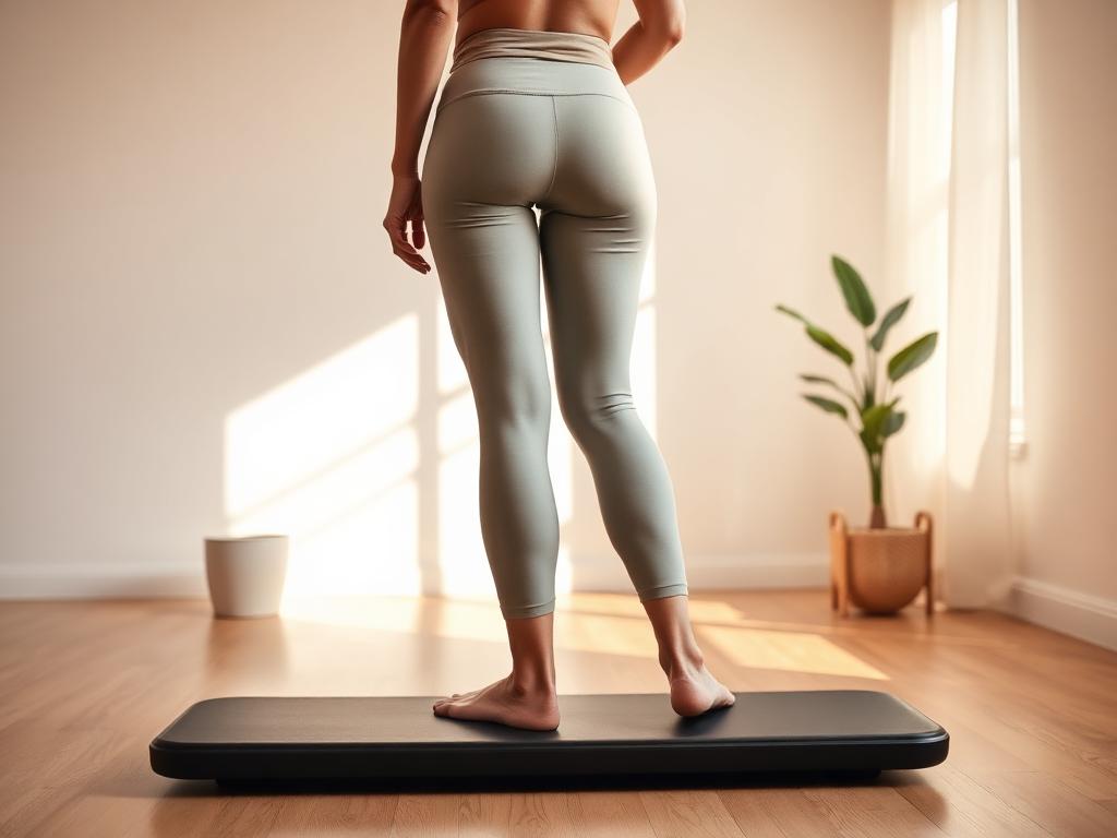 Woman standing barefoot on a vibration plate in a sunlit room