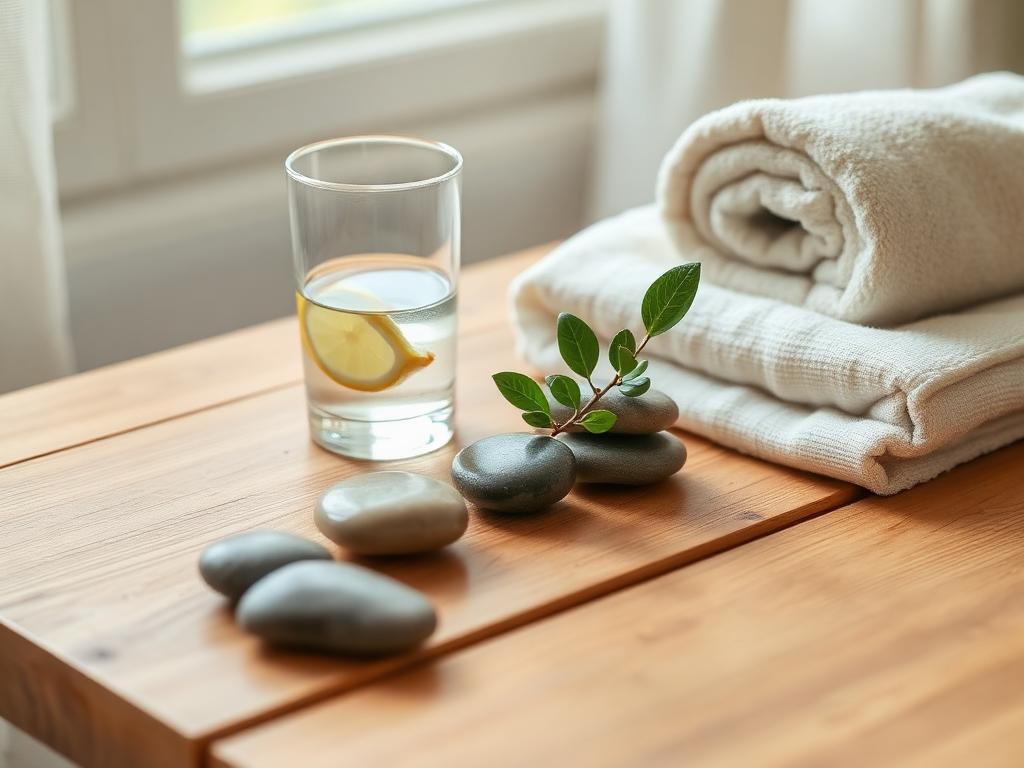 Calm spa still life with water, stones, towel and a green plant